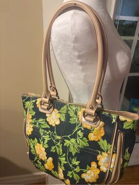 Tignanello Bed of Roses Floral Leather Trim Tote Handbag